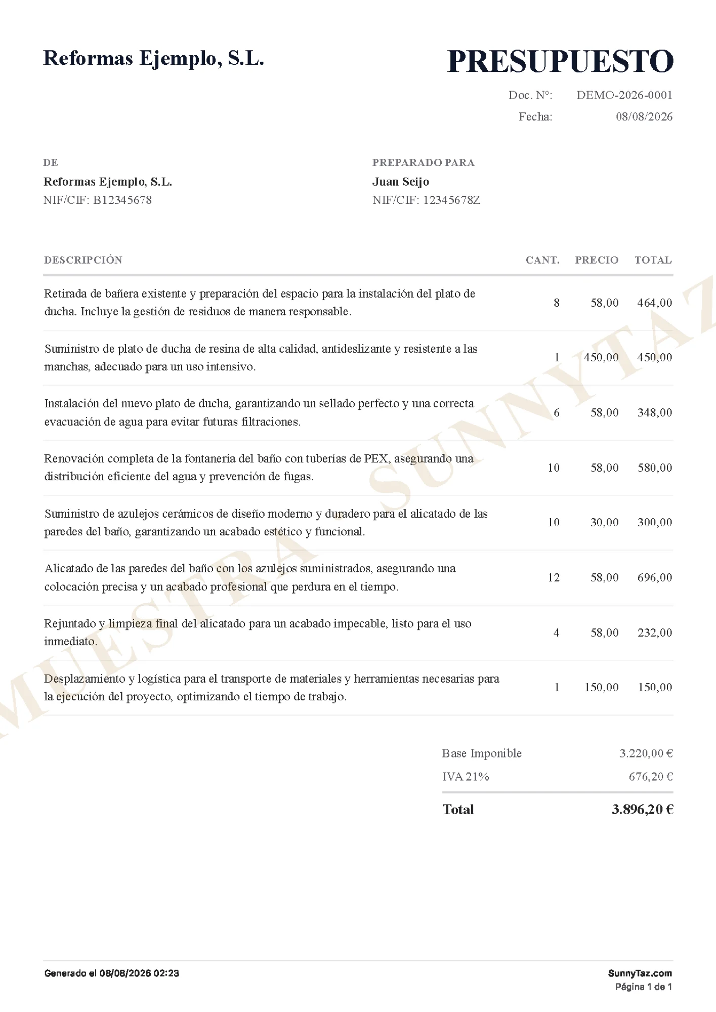 PDF del presupuesto que la IA generó a partir de la frase dictada