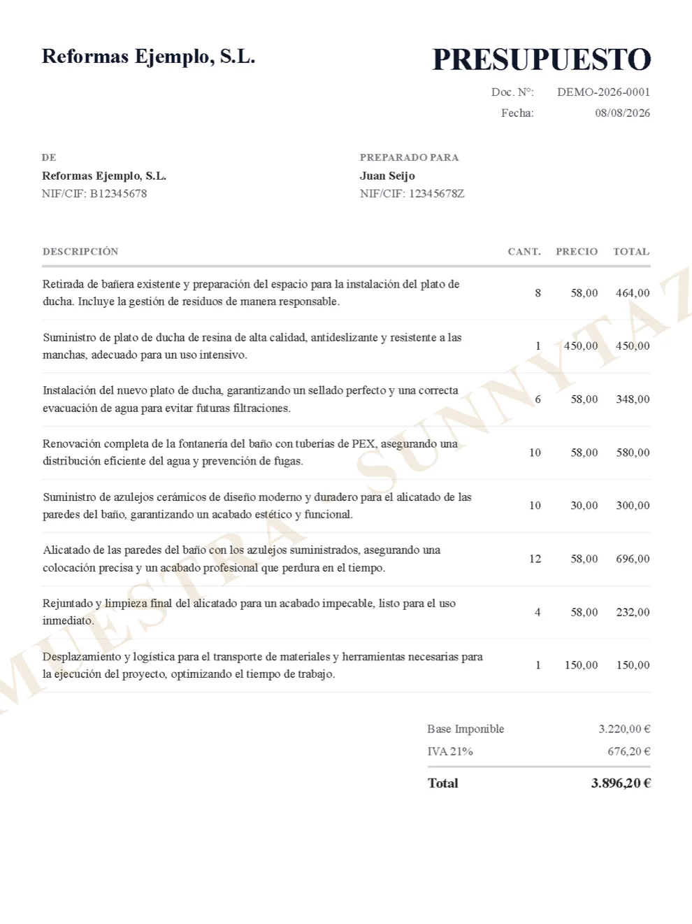 PDF del presupuesto que la IA generó a partir de la frase dictada