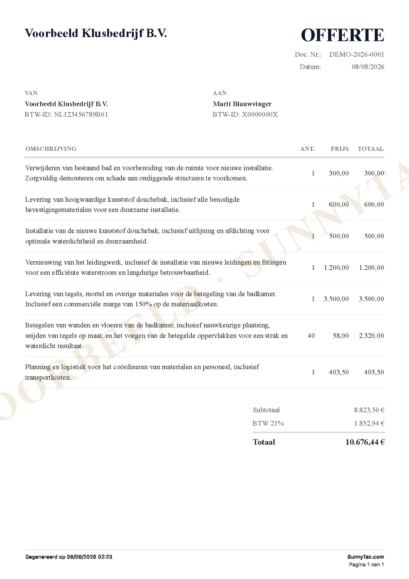 Pdf van de offerte die de AI maakte op basis van de ingesproken zin