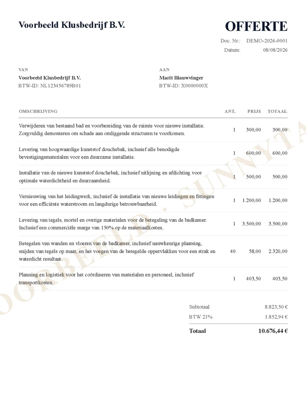 Pdf van de offerte die de AI maakte op basis van de ingesproken zin