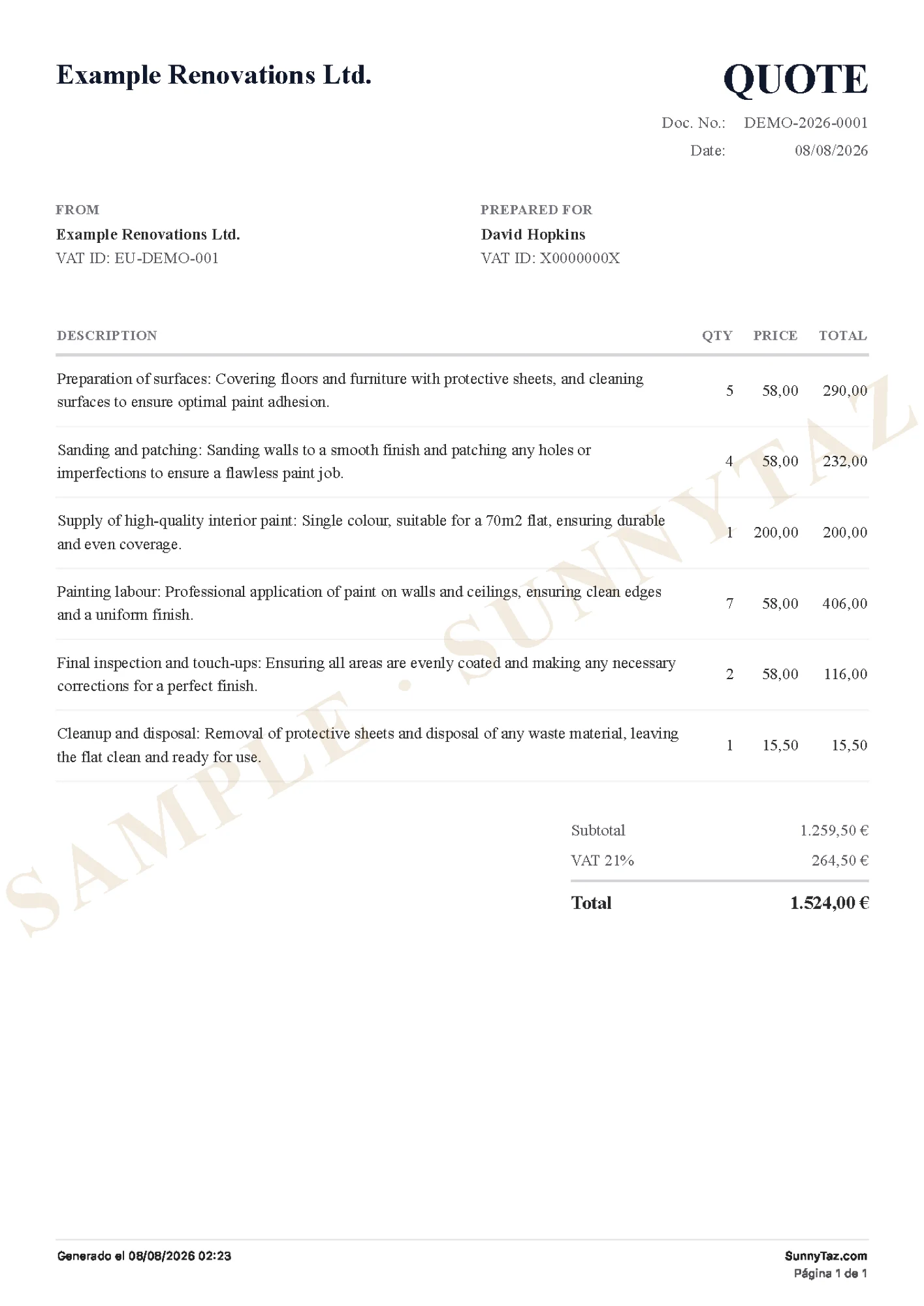 PDF of the quote the AI generated from the dictated sentence