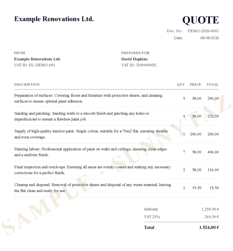 PDF of the quote the AI generated from the dictated sentence
