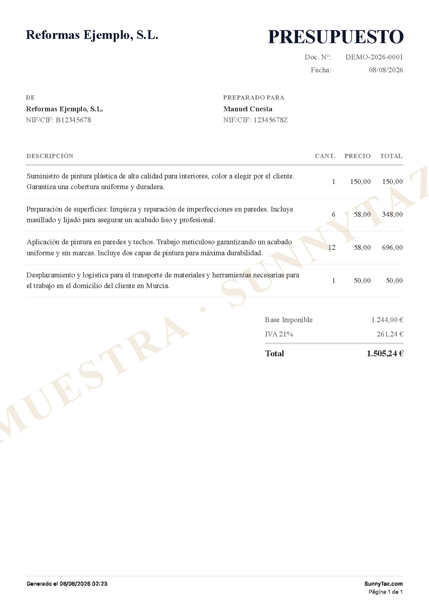 PDF del presupuesto que la IA generó a partir de la frase dictada