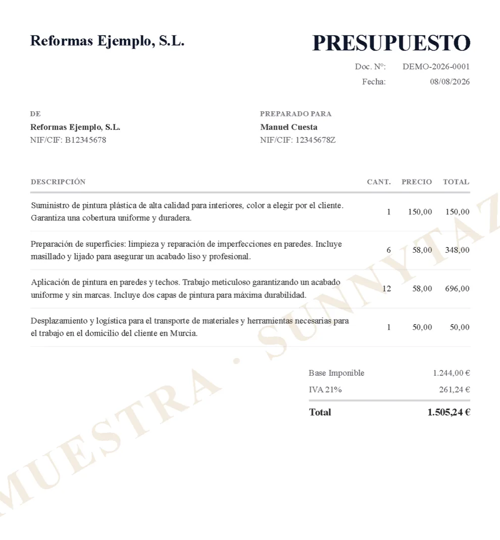 PDF del presupuesto que la IA generó a partir de la frase dictada