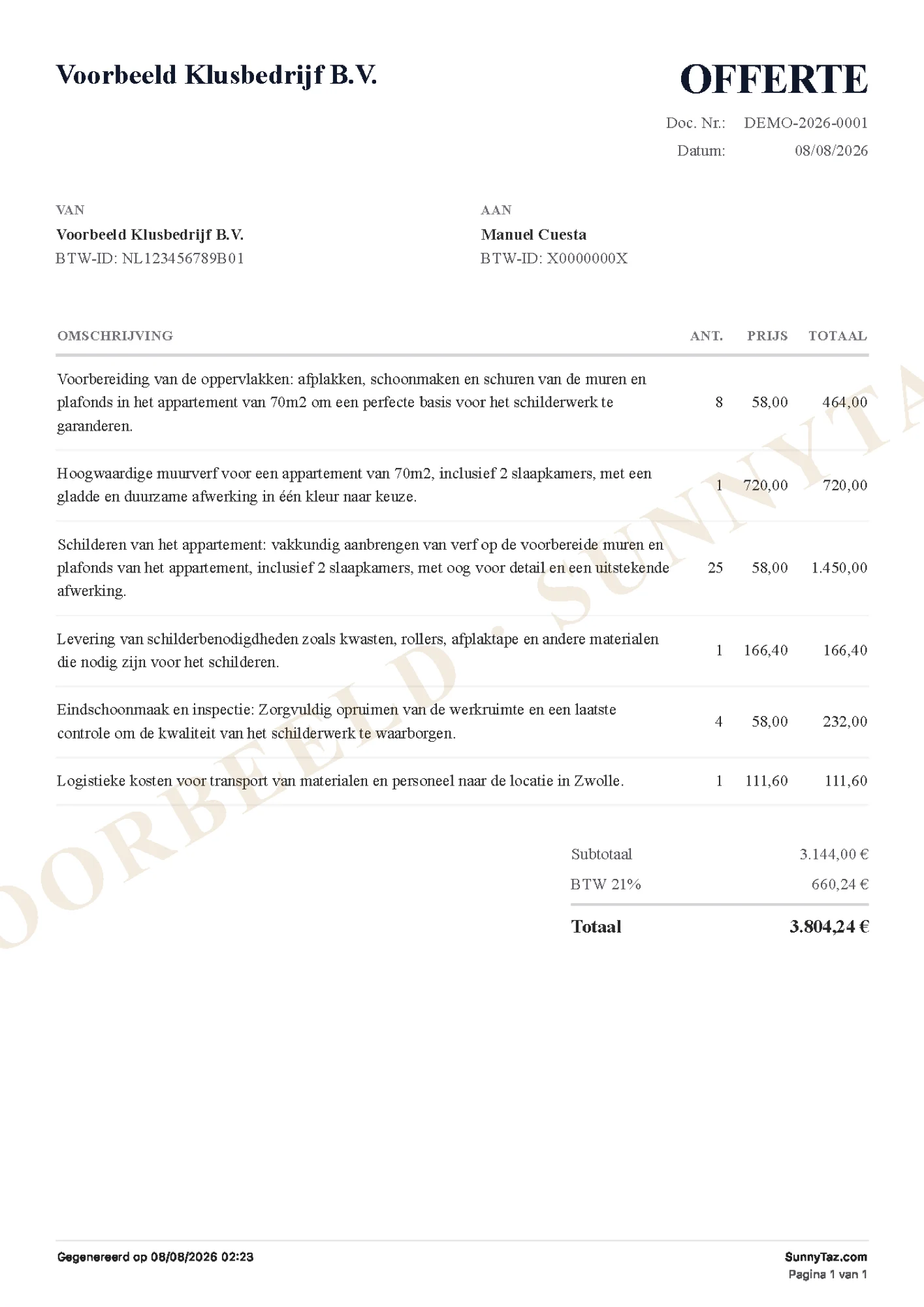 Pdf van de offerte die de AI maakte op basis van de ingesproken zin