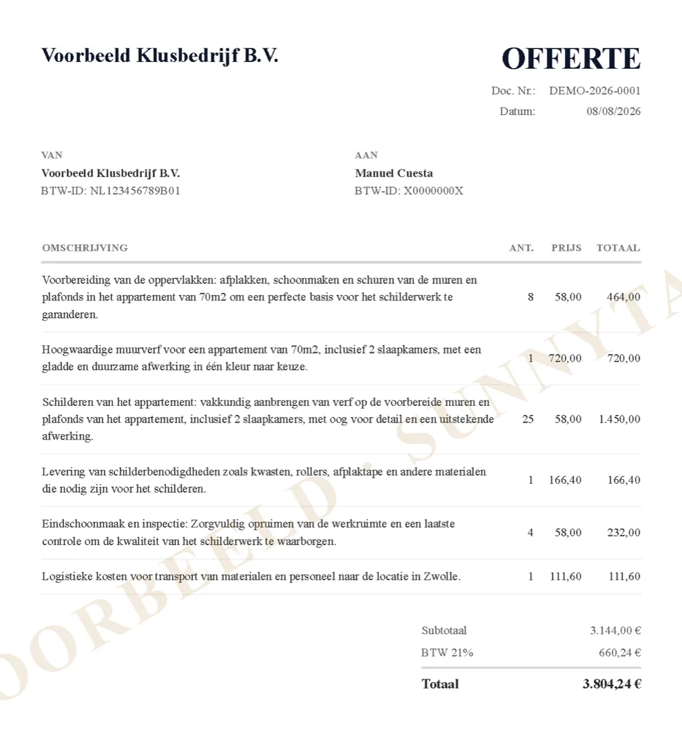Pdf van de offerte die de AI maakte op basis van de ingesproken zin